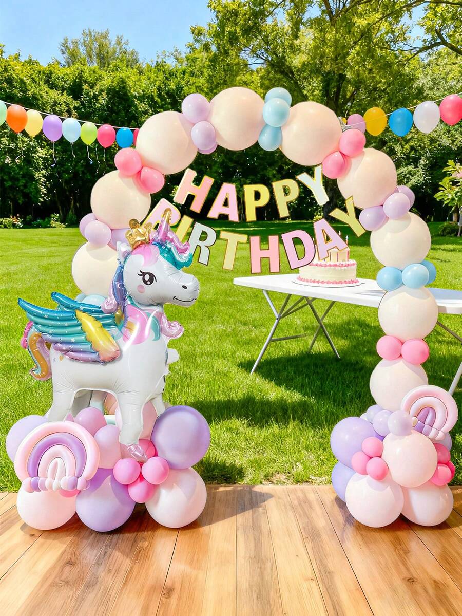 106pcs Unicorn Birthday Wreath Arch Balloon Set, Includes 3D Crown Unicorn, Macaron Birthday Pennant, Latex Balloons, Suitable For Macaron Rainbow Theme, Unicorn Birthday Party, Engagement Wedding Party, Unicorn Baby Shower - Multicolor - View 1