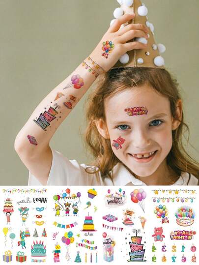 4PCS Children's Tattoo Stickers Cute Cartoon Birthday Party Cake Balloon Ribbon HAPPY Pattern Temporary Fake Tattoo Stickers Simple And Convenient For Boys And Girls Daily Parties Holiday Gifts Party Play DIY Facial Wrist Body Temporary Tattoo Stickers