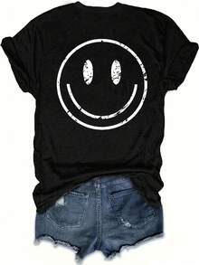 1pc Smile Print T-Shirt, Short Sleeve Crew Neck Casual Top For Summer & Spring, Women's Clothing Graphic Tee Shirts - 黑色 - 查看 2