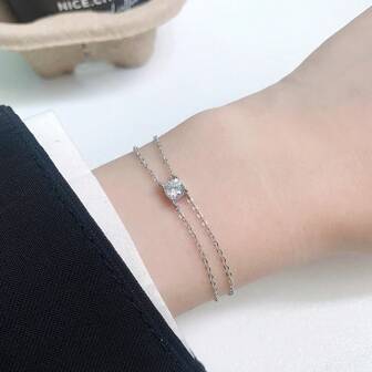 1pc 925 Sterling Silver 4-Prong Cubic Zirconia Double Layer Bracelet, Fashionable Stacking Style Single Diamond Jewelry Accessory Suitable For Women Formal Occasions