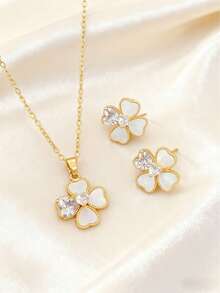 1 Set Stainless Steel Zirconia Four-Leaf Flower Pendant Necklace & Earrings Fashion Jewelry Set, Versatile Lightweight Luxury Elegant Design Necklace Earrings Jewelry, Gift Accessories - Gold - View 9