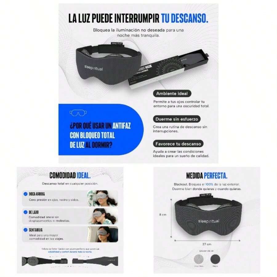 Antifaz para Dormir con Tecnologa Blackout. Antifaz Premium con Copas Ajustables para Cero Presin Ocular y Tela Transpirable Amigable con la Piel. Gris Oscuro - Gris Oscuro - Ver 1