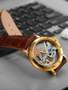 1pc Men Classic Retro Automatic Mechanical Watch For Men Luminous Hands Leather Strap Business Golden Bridge Skeleton Watches Gifts With Box