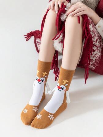 1 Pair Women's Christmas Reindeer Magnetic Snap Cute & Soft Mid-Calf Socks, Suitable For Daily Wear