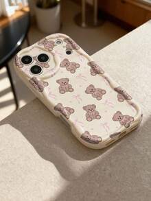 1pc Cute Girl Style Bow Teddy Bear Full Screen Pattern Cream Soft Phone Case, Compatible With IPhone 11/12/13/14/15/16/17 Pro Max - Multicolor - View 6