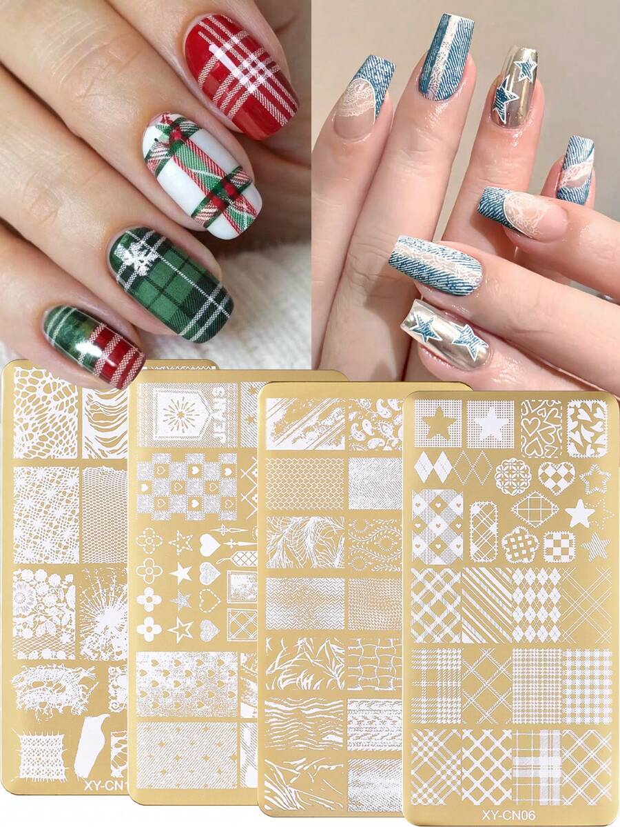 1/2/4 金色格子牛仔图案美甲印花板 圣诞格子不规则蕾丝星心美甲模板 学院风不锈钢模板 美甲工具 可重复使用 DIY 美甲用品 - 金色 - 查看 1