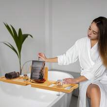 Expandable Wooden Bath Tub Tray - Adjustable Bathtub Caddy With Flat Shelf, Candle & Cup Holders - Sturdy Bathroom Organizer - Perfect Gift For Her, Bath Tub Storage Caddy | Natural Wood Design | Multi-Function Tray, Bathing Accessories