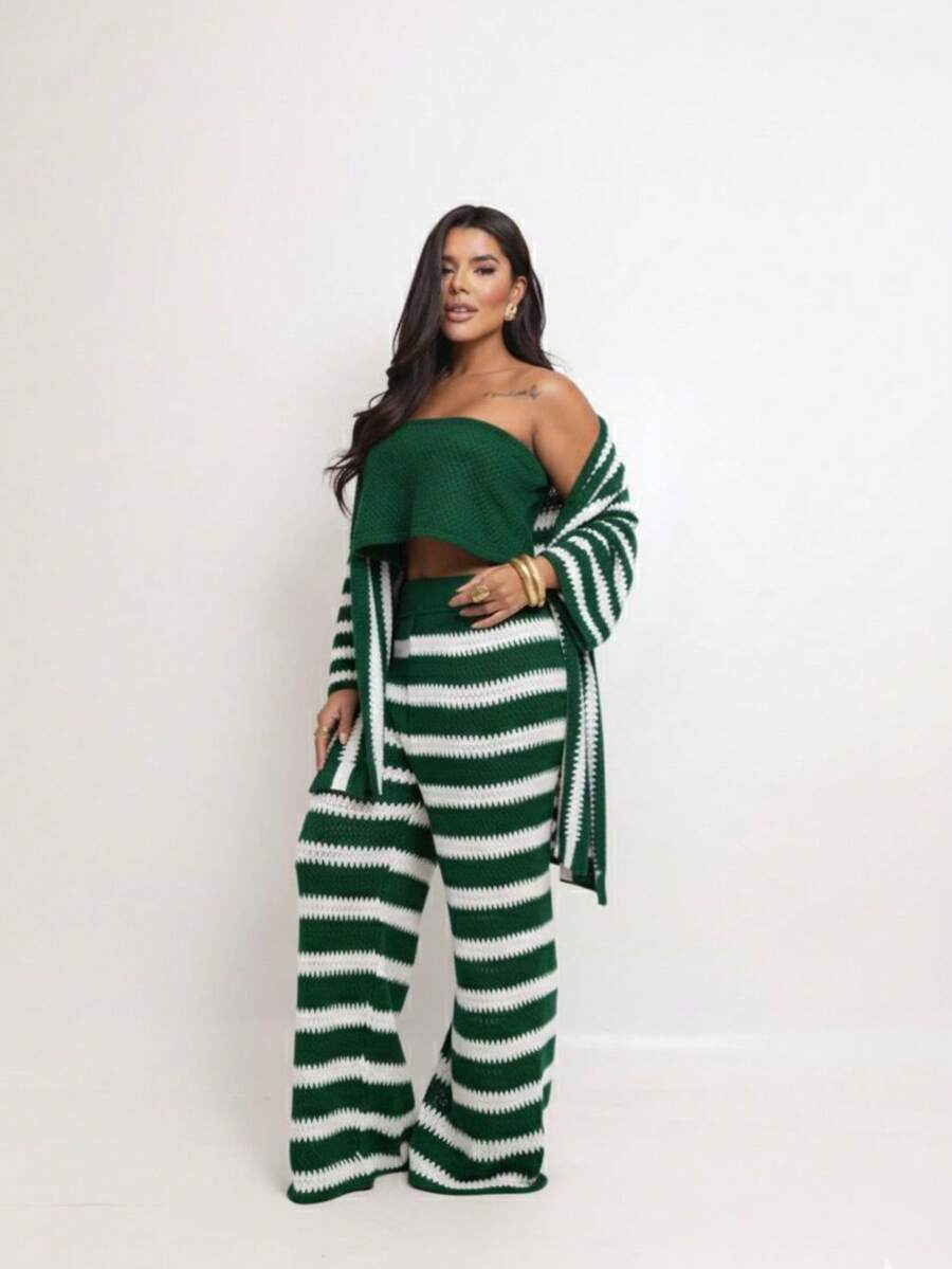 Women's Three-Piece Knit Set: Wide-Leg Pants, Top, And Kimono. - Dark Green - View 1