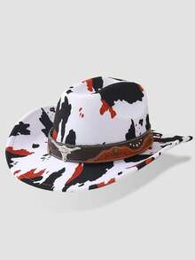 1pc Unisex Polyester Cow Print Cowboy Hat - Leather Rivet & Cow Skull Accent, Ideal For Riding, Outdoor Trips, Cowboy Parties & Daily Wear - Multicolor - View 9