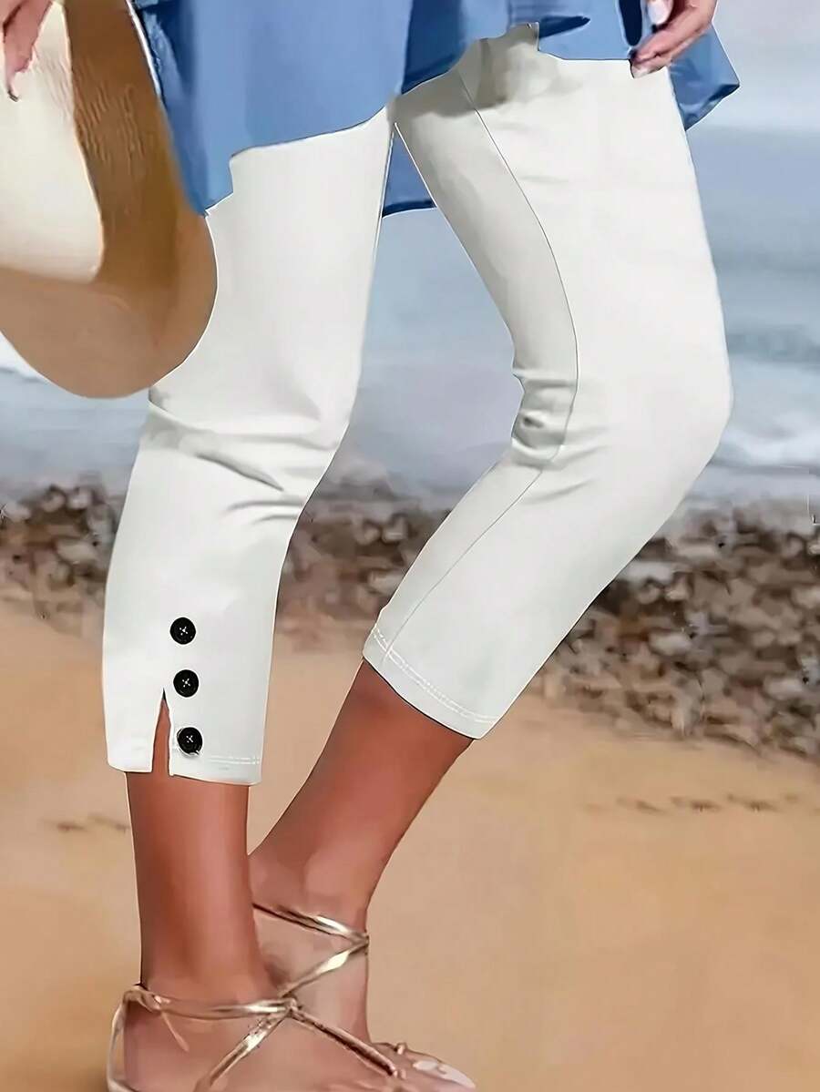 Women's Mid-Rise Slim Fit Capri Leggings – Solid Color Stretch 3/4 Pants With Decorative Buttons, Sexy Elastic Skinny Bottoms - trắng - Xem 1