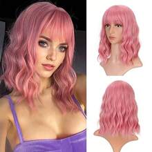 Pink Short Curly Hair Wig For Women With Bangs - Matte High-Temperature Fiber, Rose Net Cap, Elegant Wavy Style, Perfect For Holidays & Casual Attire, Everyday Wig Wear | Stylish Hairpiece | Breathable Rose Cap, Wig Accessories - 粉色 - 查看 3
