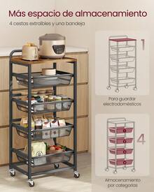 VASAGLE Carrito de Almacenamiento con cestas extraíbles, Carrito de Cocina de 5 Niveles con Ruedas, asa, 12.5 x 15.8 x 37.4 Pulgadas, Color café rústico y Negro - marrón amarillento - Ver 5