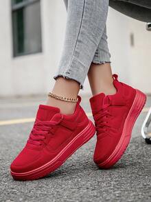 (Runs Small) Women's Simple Patchwork Comfortable Red Flat Casual Shoes, Personalized Fashion Business Lace-Up Skateboard Sneakers For Daily Commute - Red - View 2