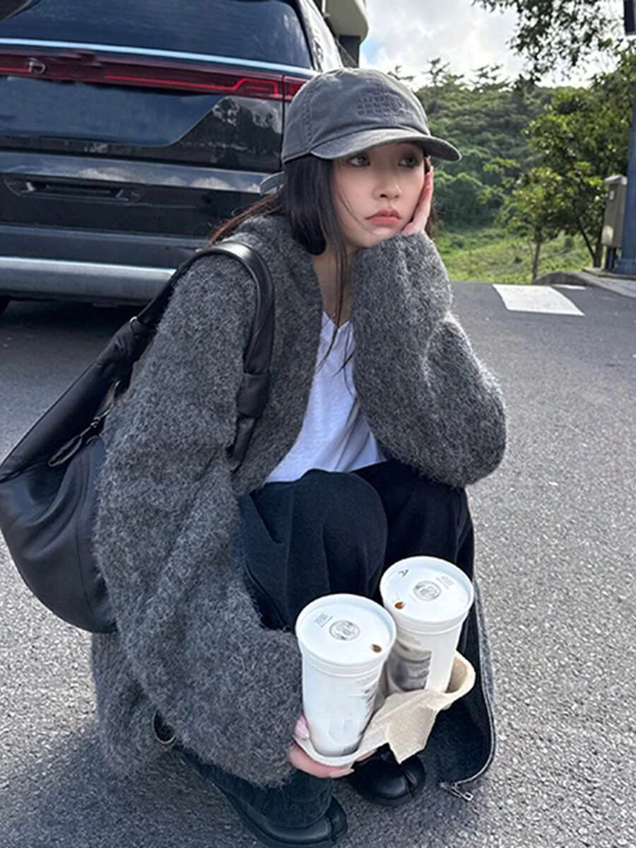 Autumn/Winter Fuzzy Warm Casual Zip-Up Hooded Knit Cardigan