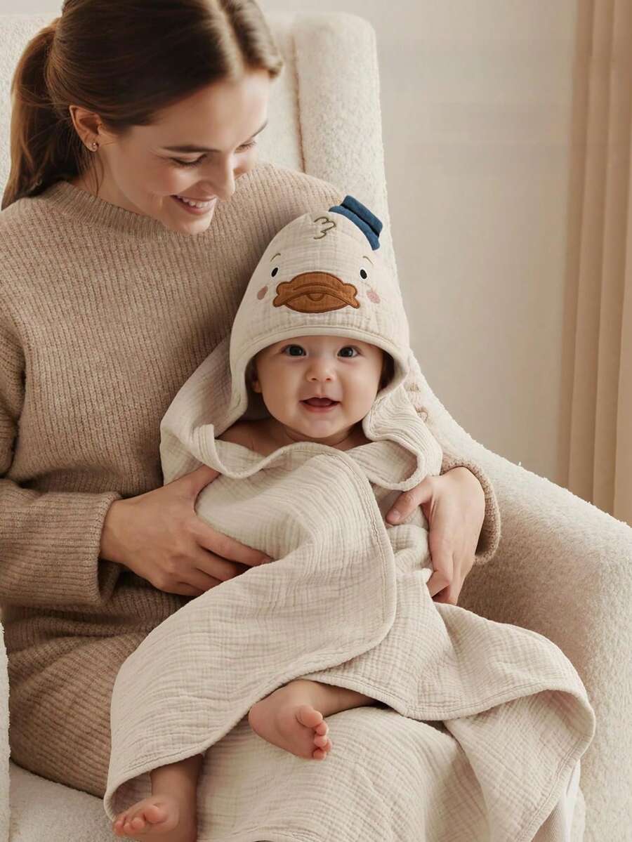 婴儿连帽棉纱浴巾，柔软吸水，适合新生儿、婴幼儿，男女通用，32英寸 x 32英寸