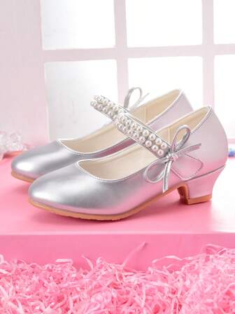 女童公主高跟鞋，时尚礼服鞋，适合表演、生日派对，白色