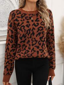 Women's Casual Everyday Leopard Print Crew Neck Long Sleeve Sweater - Leopard Print - View 7