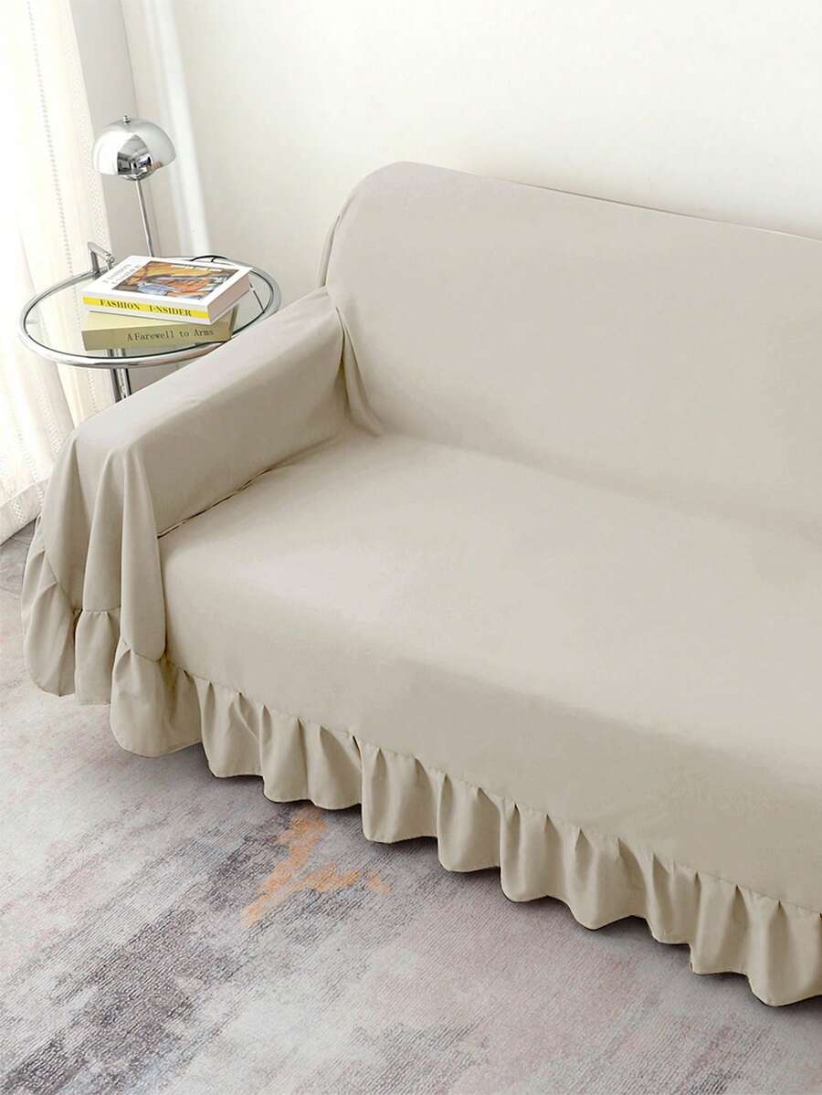 1件纯色沙发毯，现代简约风格，蕾丝边设计，聚酯纤维材质，适用于客厅和卧室