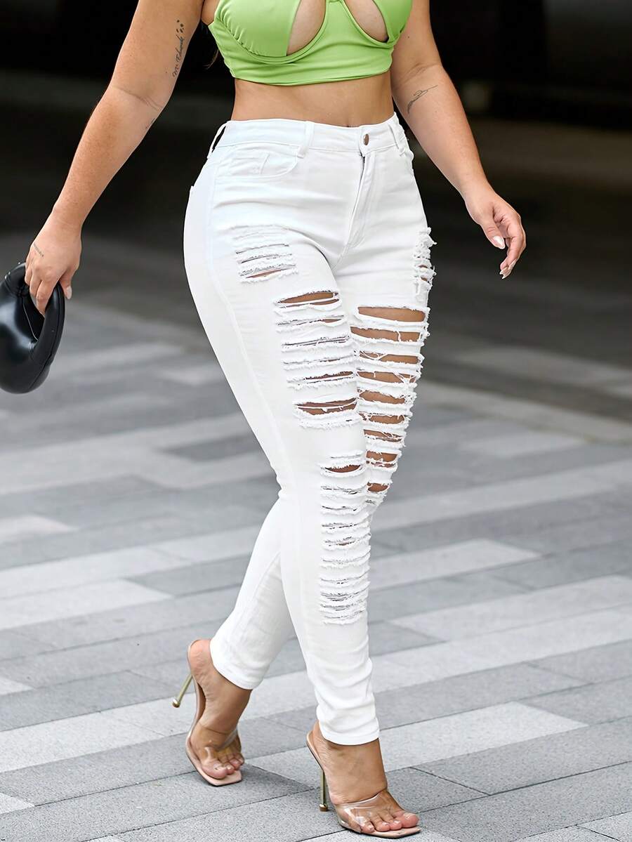 Women's Ripped Skinny Jeans - Destroyed Denim, Mid-Rise Stretch, Comfort Fit Casual Pants - White - View 1