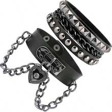 一套朋克摇滚铆钉骷髅星形手链，尖刺铆钉带手链，PU皮革手镯，机车链条手链，男女通用，80年代90年代腕带链条手链，黑色哥特蒸汽朋克风格，可调节，男女皆宜的时尚复古配饰，万圣节派对礼物