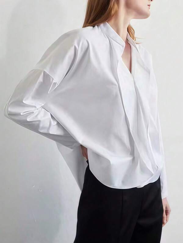 Women's Elegant White Woven Fabric Stand Collar Long Sleeve Shirt, Front Button Regular Length Blouse