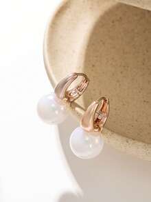 Nooxian 2 piezas Pendientes de aro con perlas, diseño de nicho, pendientes elegantes y lujosos para mujeres - Oro rosa - Ver 6