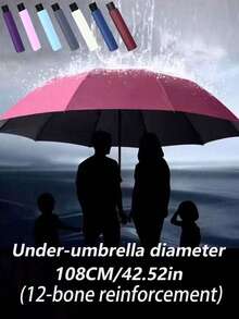 Large 12 Ribs Black Windproof Waterproof Folding Umbrella For Business Men's & Women's Travel, Reinforcement Umbrella For Both Rainy And Sunny Day For Windproof Travel Umbrella, Aluminum Shaft, Auto-Black, Lightweight, Strong UV Protection, Foldable, Compact, Portable, Auto Open, Rainproof, Sunshade