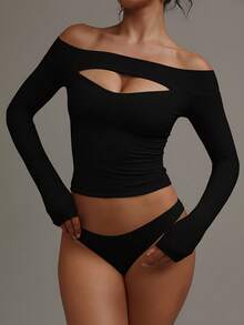 XLLAIS Fall Winter Clothes For Women 2025 Sexy Long Sleeve Black Off The Shoulder Tops High Strech Hollow Out Fitted T Shirt Christmas Party Wear - Black - View 9