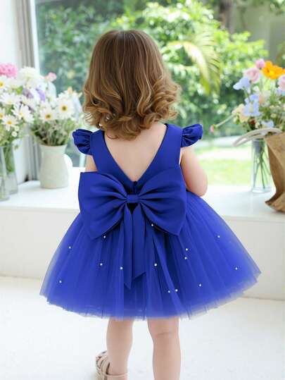 女婴短袖蝴蝶结薄纱派对礼服，优雅公主裙，适合作为一周岁生日礼物、宴会、晚宴礼服