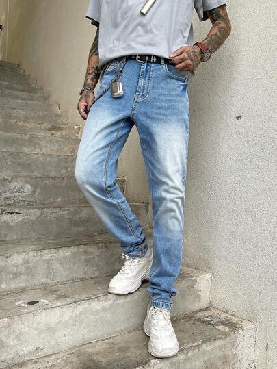 Men's Elastic Slim Fit Washed Vintage Denim Jeans, Casual Street Style Pants