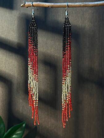 AHAYA Pendientes de borla con cuentas hechos a mano con degradado de color, diseño geométrico creativo, joyería bohemia vintage con cuentas de semilla, adecuado para uso diario casual