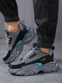 أحذية رياضية رمادية كاجوال خارجية مريحة وسميكة للرجال، أحذية رياضية بطبعات حرفية ملونة متباينة وأربطة عالية الرقبة - رمادي - مشاهدة 10