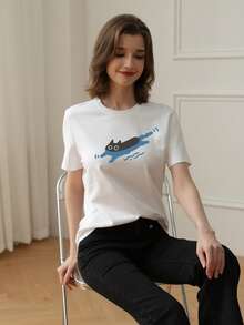 女士可爱猫咪印花圆领休闲纯棉短袖T恤，夏季新品