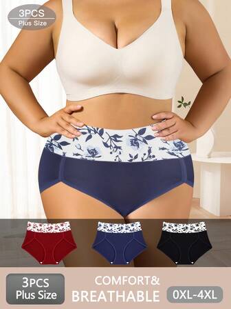 3pcs Plus Size Women's Underwear, Tummy Control & Lift, Comfortable & Skin-Friendly, Waistband Ditsy Floral, Available In 0XL-4XL