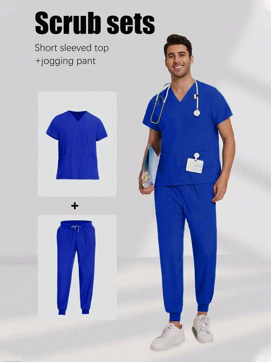 Men's Short Sleeve Nurse/Doctor/Veterinarian Uniform Set - Blue - View 1