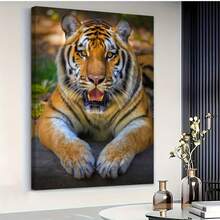 1 PC Brown-Gold Tiger Roar Canvas Wall Art, Retro Tiger Poster Painting, Printed Wall Decoration, Modern Forest Wildlife Wall Decoration, Very Suitable For Living Room, Bedroom, Bathroom Home Decoration, Room Decoration, Etc., Wooden Frame Art, Ready To Hang. - Multicolor - View 1