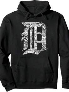 Men's Detroit Logo Graphic Hoodie - Heavy-Duty Pullover Sweatshirt With Kangaroo Pocket, Loose Fit Hooded Sweatshirt For Casual Wear, Car Enthusiast Outfits (Motor City Design) - Machine Washable Detroit-Themed Apparel - 黑色 - 查看 6