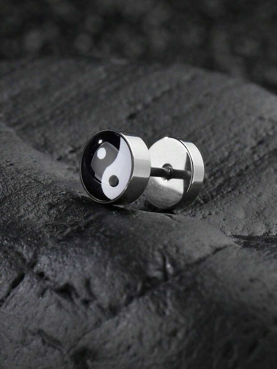 1pc Men's Stainless Steel Bagua Screw Earring - Multicolor - View 1