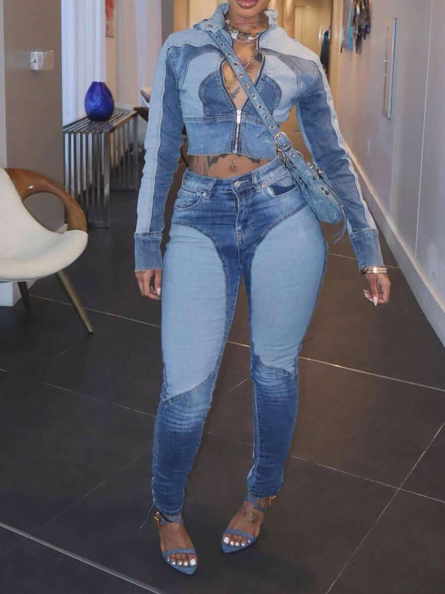 New Women's High-Elasticity, Fashionable, Sexy Color-Blocked Washed Denim Two-Piece Set, Featuring A Long-Sleeved Stand-Collar Zip-Up Top And Slim-Fit Jeans. Machine Washable. - 藍色 - 查看 1