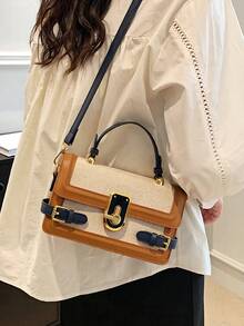 Womens Retro Aesthetic Flap Crossbody Bags Splicing Messenger Bags Square Metal Buckle Shoulder Bags With Top Handle For Valentine's Day Gift Idea - Màu xanh hải quân - Xem 3