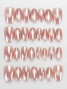 30片杏仁形/电镀浅红色渐变美甲贴纸，亚克力假指甲套装，含1瓶甲油胶和1把指甲锉，适合女性日常工作、学习、聚会、派对、节日以及秋冬季日常美甲用品。 - 彩色 - 查看 3