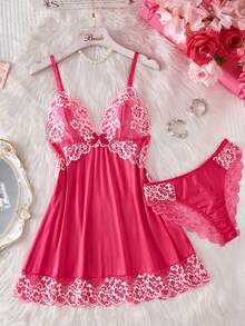 两件套撞色花卉蕾丝睡衣套装，V领半透明蝴蝶结睡裙和内裤，优雅女士睡衣 - 玫紅色 - 查看 9