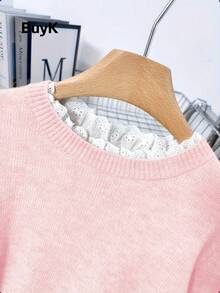 [Tops] BuyK Elegant Lace Trim Crew Neck Long Sleeve Knit Sweater For Women, Fashionable Gold Button Decor Blouse - Pink - View 4