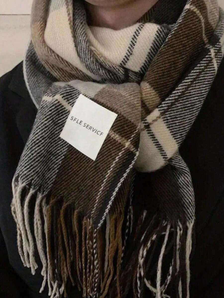 1pc Women Fashion Korean Plaid Scarf, Autumn And Winter Warm Fashion Fringe Student Scarf, Thick Long Scarf For Male Couple Shawls, Men Scarves - Coffee Brown - View 1