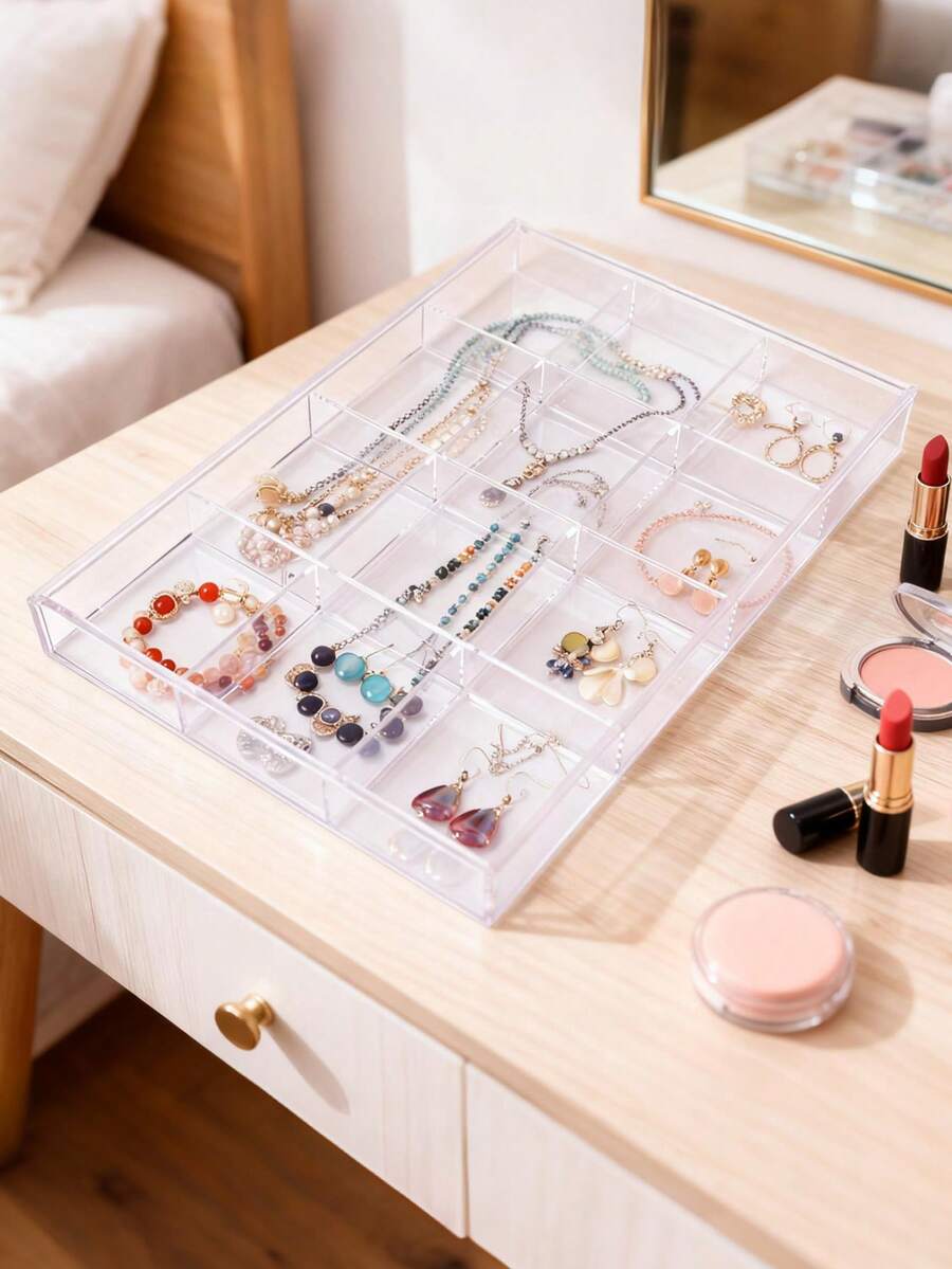 1个透明亚克力多格收纳盒，12个隔层，可作珠宝盒、发夹及配饰展示盒、手镯及手链收纳盒，也可用于卧室梳妆台抽屉收纳，是居家收纳的必备品，尤其适合秋冬季家居收纳整理。 - 白色 - 查看 1