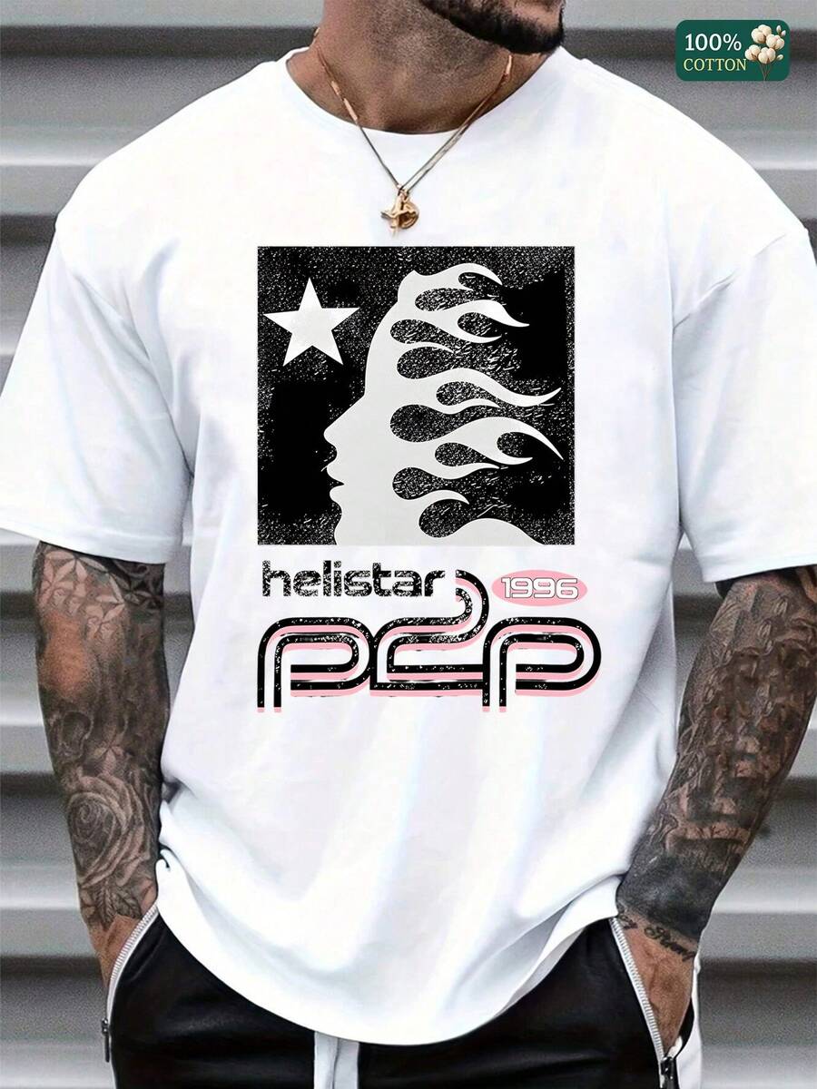 Men's Vintage Helistar 1996 Graphic T-Shirt - Retro Flaming Profile Star Print, Soft Cotton Summer Casual Tee For Everyday Wear, Fade-Resit Ink, All-Day Comfort, Perfect Gift For Men. - trắng - Xem 1