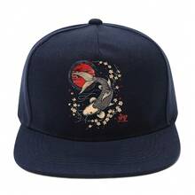 1pc Koi And Cherry Blossom Japanese Pattern Print Hip Hop Hat, Y2K Street Fashion Outdoor Sports Baseball Cap Flat Brim Hat Reversible Hat, Adjustable Unisex Hat - Màu xanh lam - Xem 9