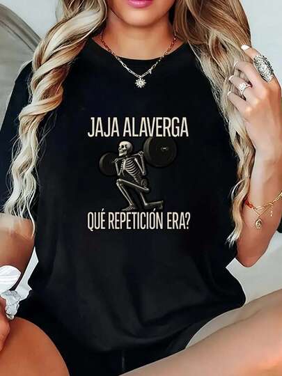 1 pieza Mujeres Blusas, Lindo Mujeres Blusas, Mujeres Ropa Oferta Esqueleto Acondicionamiento físico 180 gramos Algodón Camiseta Blanco & Negro Diversión Patrón Imprimir, Alta Calidad Redondo Cuello Básico Suelto Ajuste Máquina Lavable Cómodo, Versátil, S ~ 3XL, Diario Informal Deportes Esencial, Verano Camiseta cómoda de algodón