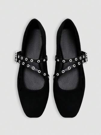 ADAMUMU Women's Fashion Square Toe Casual Party Office Round Buckle Decor Comfortable Flat Shoes