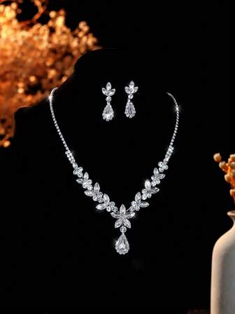 Juego de collar y aretes de 3 piezas con incrustaciones de strass en forma de lágrima, adecuado para el uso diario, bodas, fiestas y como regalo para ocasiones especiales